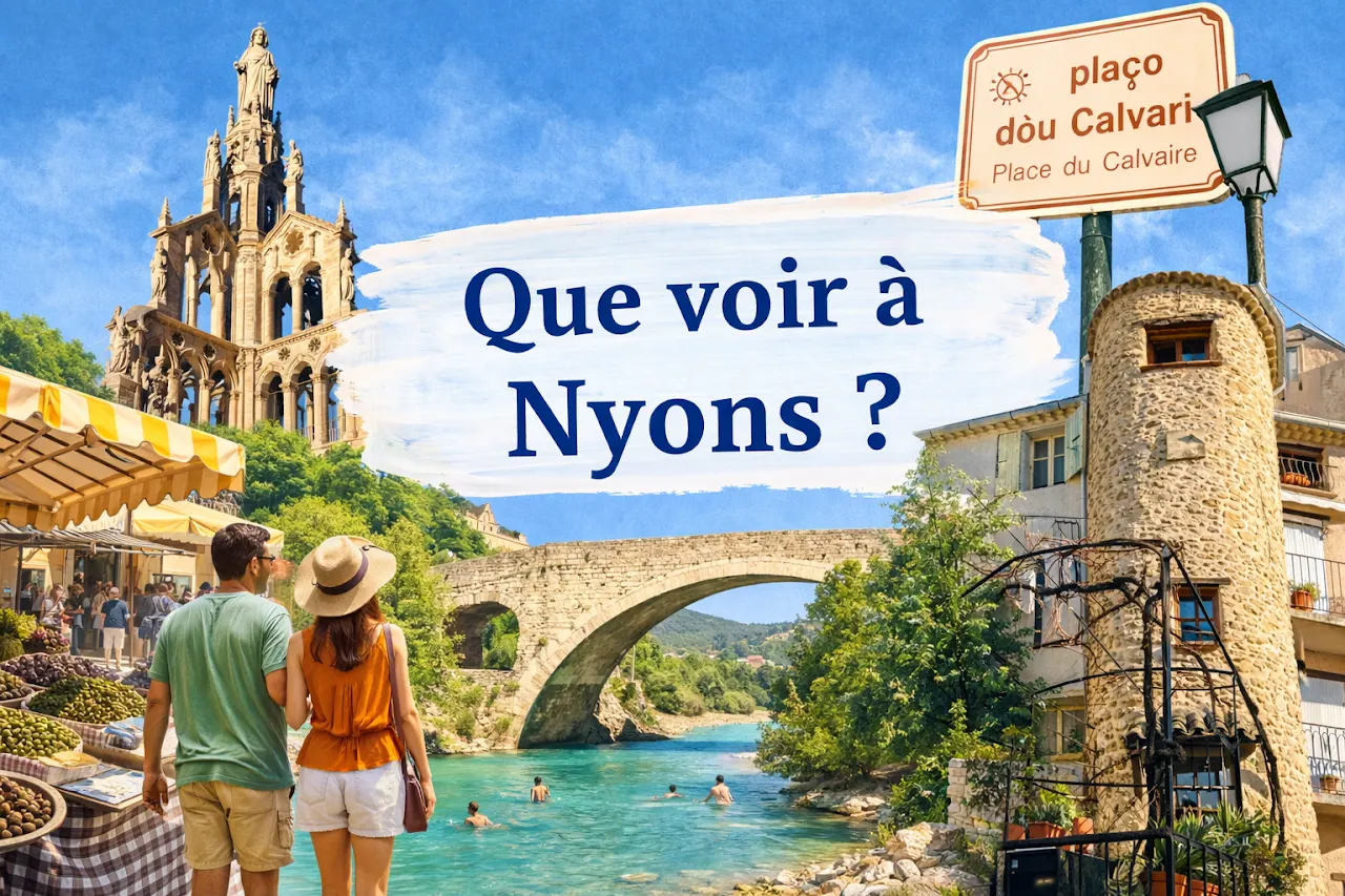 Que voir à Nyons : le Pont Roman, la Tour Randonne, le marché et l’Eygues.