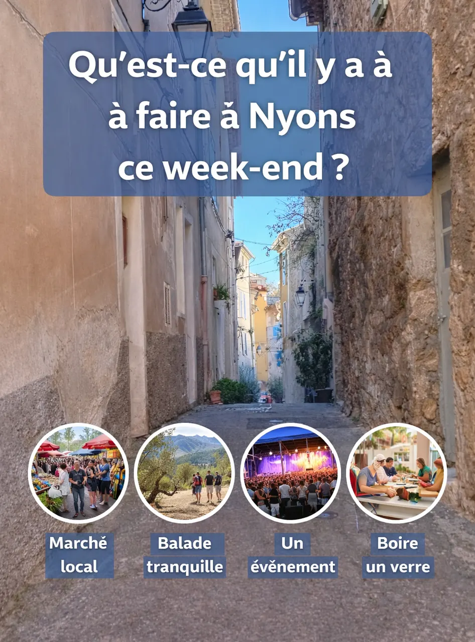 Visuel « Que faire à Nyons ce week-end ? » dans une ruelle, avec des idées de marché, de balade, d’événement et de pause en terrasse.